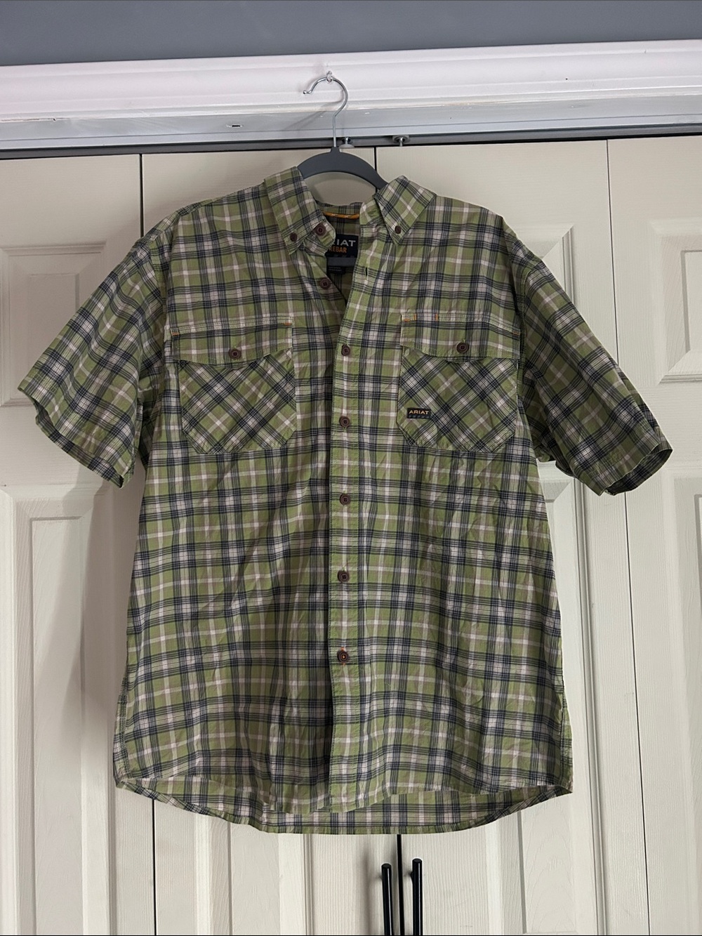 Ariat Men's Short-Sleeve Olive and Navy Plaid Button-Down Shirt